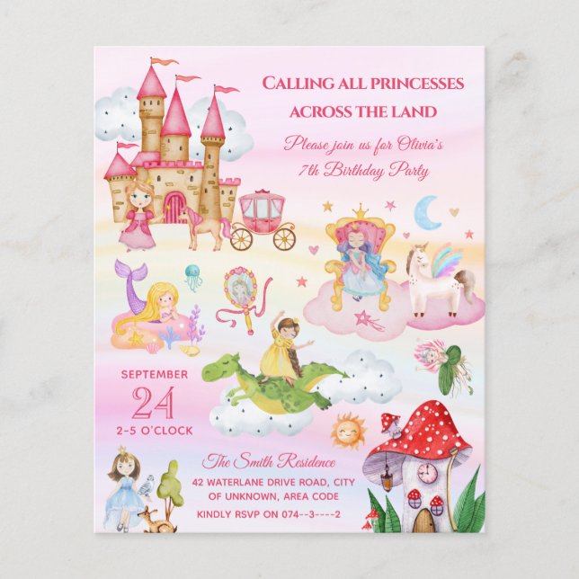Pink Princess Fairy tale Girl Birthday Einladung (Vorderseite)