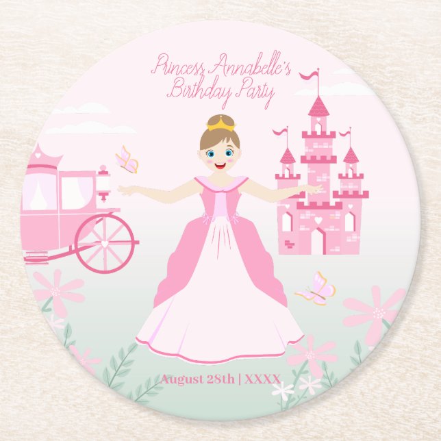 Pink Princess Fantasy Birthday Party Runder Pappuntersetzer (Vorderseite)