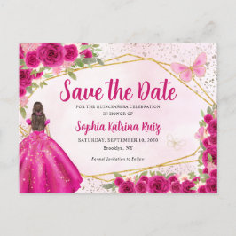 Pink Princess Floral Quinceañera Save the Date Postkarte