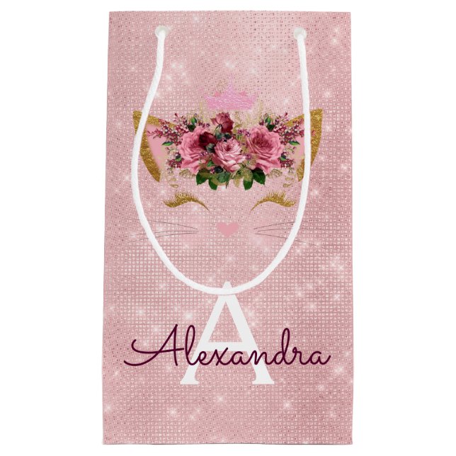 Pink Princess Kitten Rose Gold Blush Pink Glitzer Kleine Geschenktüte (Vorderseite)