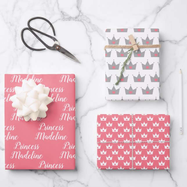 Pink Princess Name & Princess Crowns Geschenkpapier Set (Vorderseite)