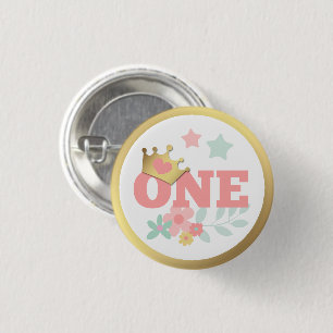 Pink Princess "One" Crown Baby Girl Erster Geburts Button