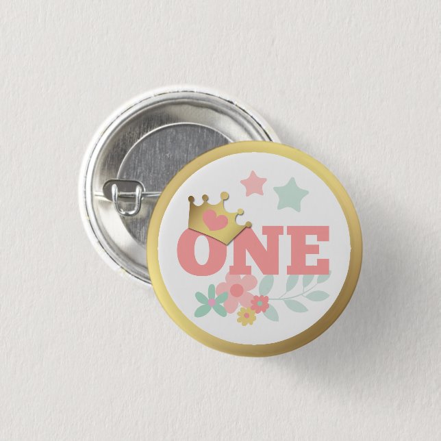 Pink Princess "One" Crown Baby Girl Erster Geburts Button (Vorne & Hinten)