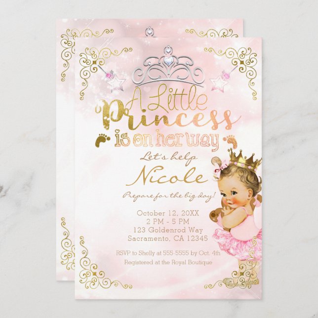 Pink Princess Sparkle Tutu & Crown Babydusche Einladung (Vorne/Hinten)