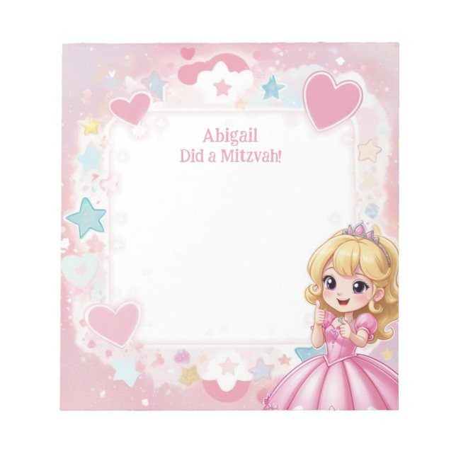 Pink Princess Thema Blonde Personalisiert Mitzvah Notizblock (Vorderseite)