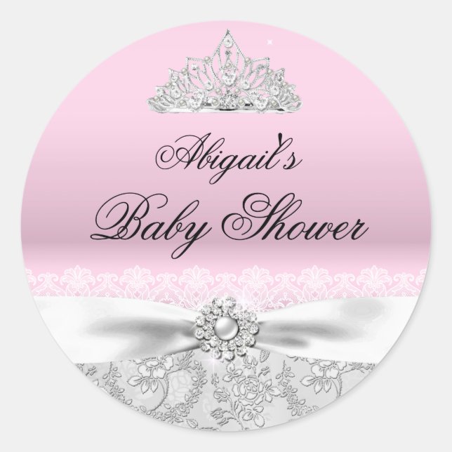 Pink Princess Tiara & Bow Baby Showsticker Runder Aufkleber (Vorderseite)