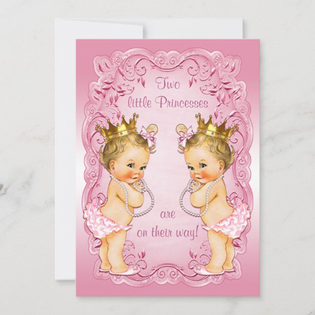 Pink Princess Twins mit Pearls Babydusche Einladung (Vorderseite)