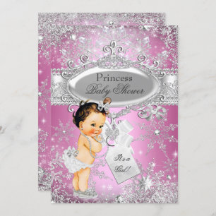 Pink Princess Winter Wonderland Babydusche Braun Einladung