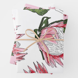 Pink Protea Aquarell Wrapping Paper Set 3 Geschenkpapier Set