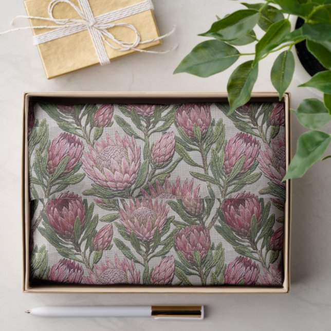Pink Protea Embroidery Floral Pattern Seidenpapier (Geschenk)
