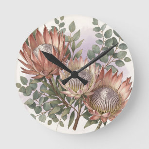 Pink Protea Eukalyptus Botanische Anordnung  Runde Wanduhr