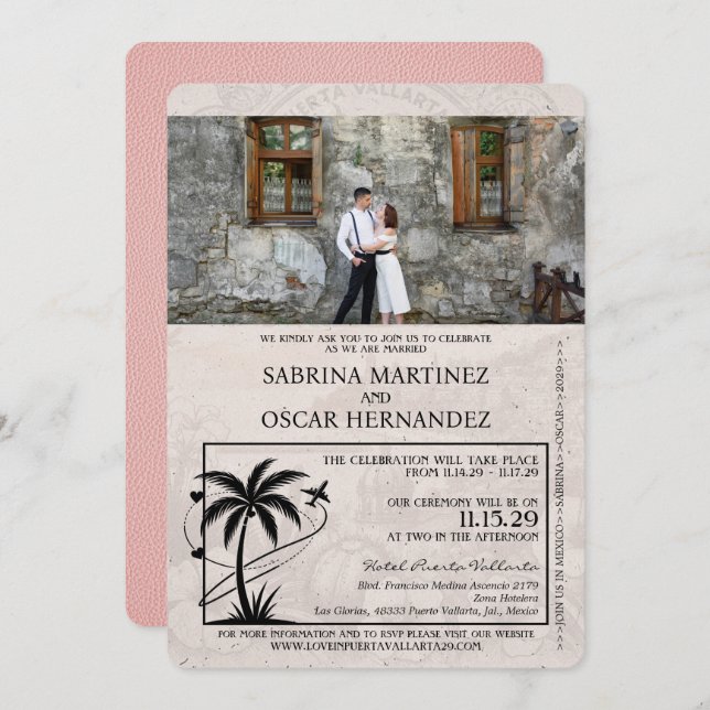 Pink Puerta Vallarta Passport Wedding Einladung (Vorne/Hinten)