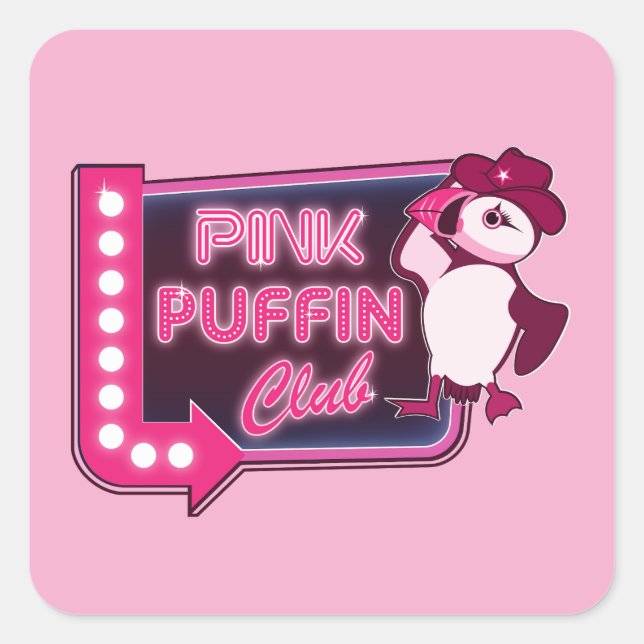 Pink Puffin Club Quadratischer Aufkleber (Vorderseite)