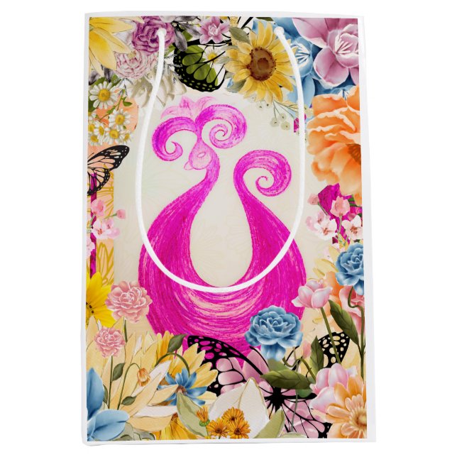Pink Pum Peacock mit bunten Blume Mittlere Geschenktüte (Vorderseite)