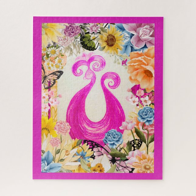 Pink Pum Peacock mit bunten Blume Puzzle (Vertikal)