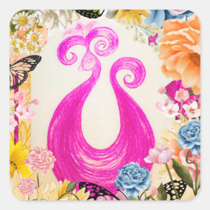 Pink Pum Peacock mit bunten Blume Quadratischer Aufkleber