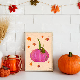 Pink Pumpkin Autumn Leaves Poster