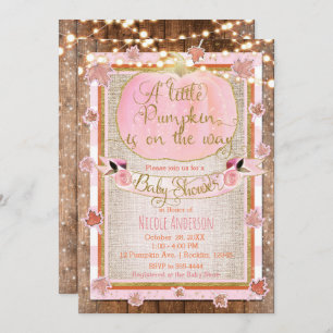 Pink Pumpkin & Autumn Leaves Rustic Baby Dusche Einladung
