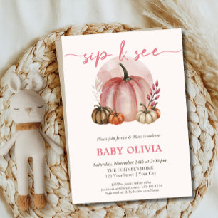 Pink Pumpkin Baby Girl Fall Sip und sehen Sie Gree Einladung