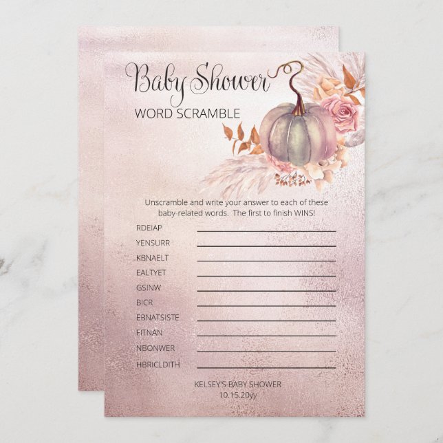 Pink Pumpkin Boho Pampas Baby Dusche Word Scramble Einladung (Vorne/Hinten)