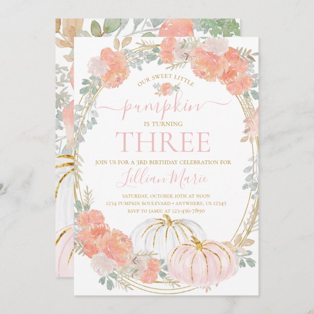 Pink Pumpkin Fall Birthday Einladung (Vorne/Hinten)