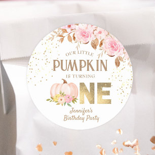 Pink Pumpkin Floral Girl 1. Geburtstag Runder Aufkleber
