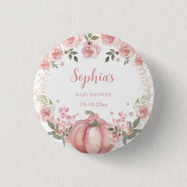 Pink Pumpkin Floral Girl Babydusche Button (Vorderseite)
