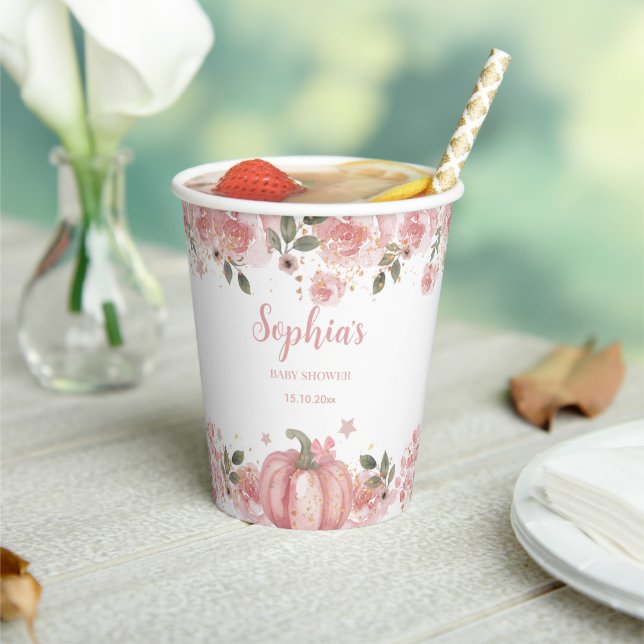 Pink Pumpkin Floral Girl Babydusche Papiertasse Pappbecher (In Situ)