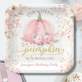 Pink Pumpkin Floral Gold Glitzer Girl 1. Geburtsta Pappteller