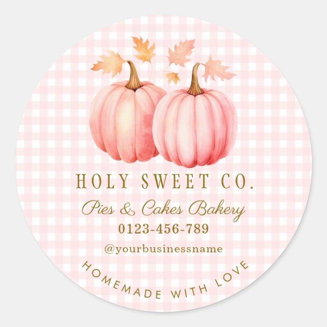 Pink Pumpkin Gingham Bakery Runder Aufkleber (Vorderseite)