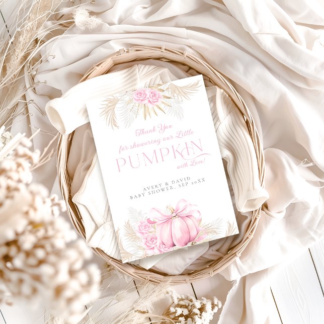 Pink Pumpkin Girl Floral Bow Baby Dusche Dankeskarte (Von Creator hochgeladen)