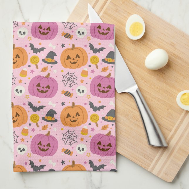 Pink Pumpkin Halloween Pattern Küchentuch (Viertel Falte)