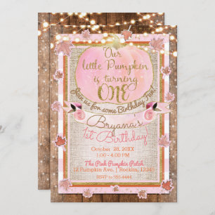Pink Pumpkin Herbst Blätter Rustikal 1. Geburtstag Einladung