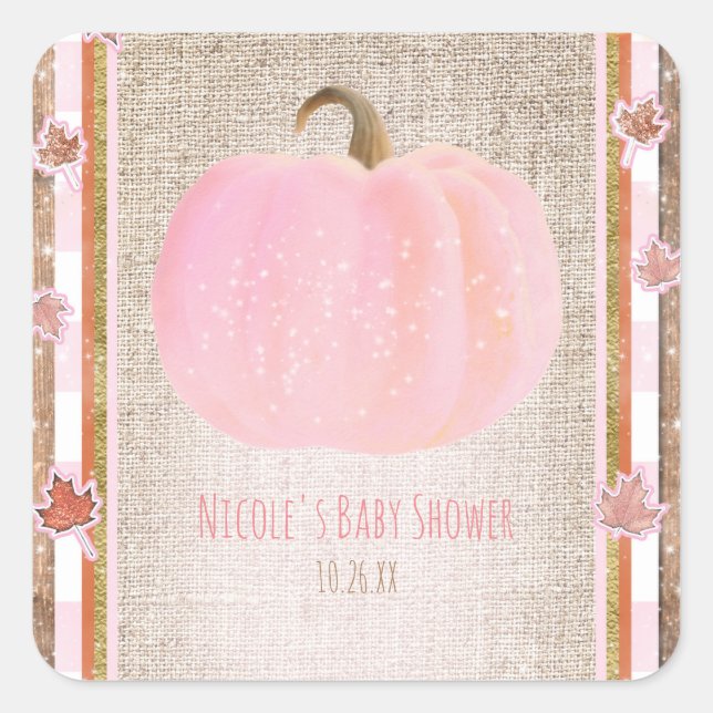 Pink Pumpkin Herbst Rustikale Babydusche Quadratischer Aufkleber (Vorderseite)