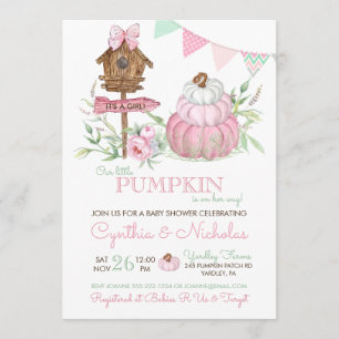 Pink Pumpkin Patch Birdhouse Girl Baby Dusche Einladung