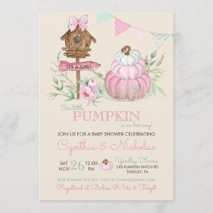 Pink Pumpkin Patch Birdhouse Girl Baby Dusche Einladung