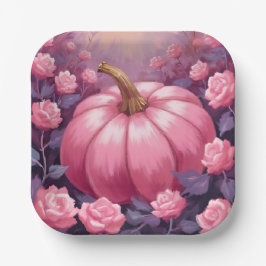 Pink Pumpkin Rose Floral Halloween Thanksgiving Pappteller