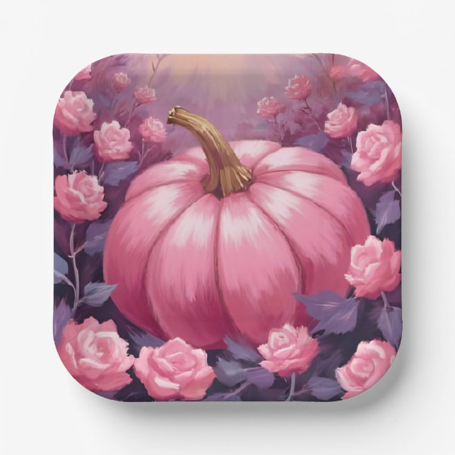 Pink Pumpkin Rose Floral Halloween Thanksgiving Pappteller (Vorderseite)