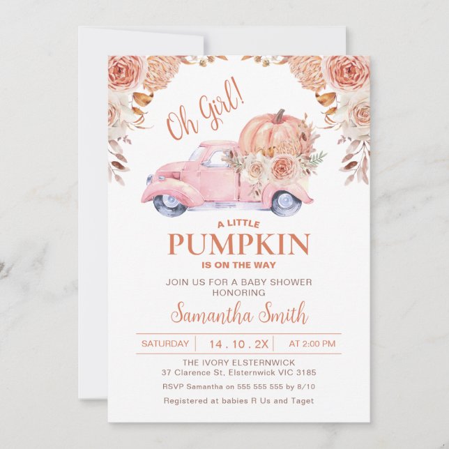Pink Pumpkin Truck Boho Autumn Floral Baby Shower Einladung (Vorderseite)