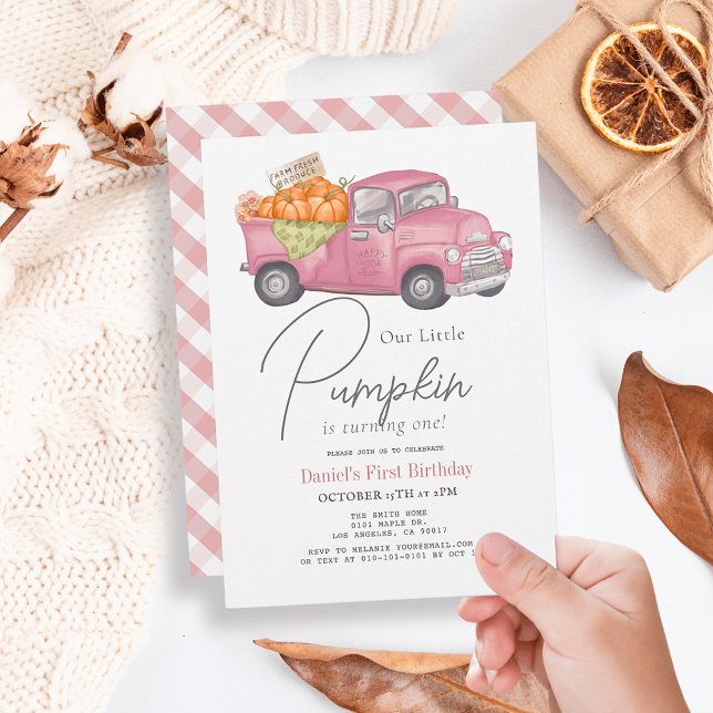 Pink Pumpkin Truck Gingham Girl 1. Geburtstag Einladung (Von Creator hochgeladen)