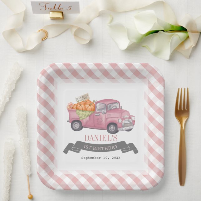 Pink Pumpkin Truck Gingham Girl 1. Geburtstag Pappteller (Hochzeit)