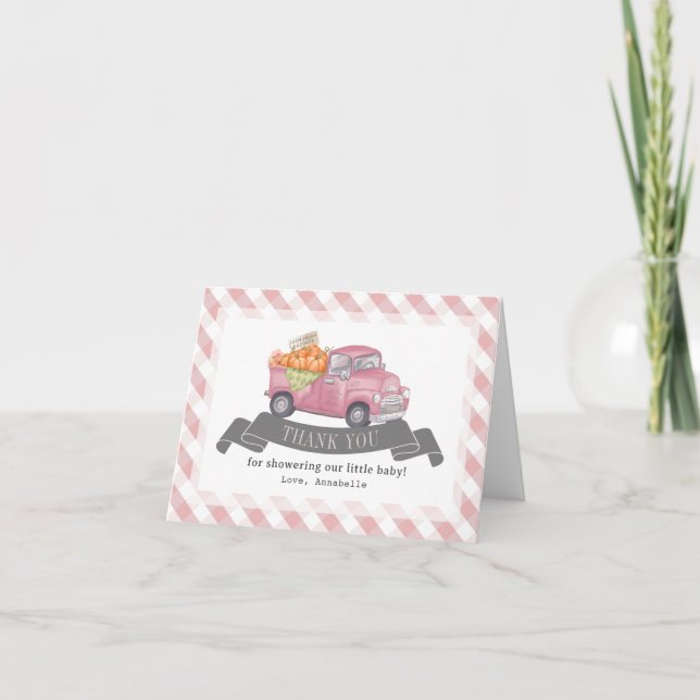 Pink Pumpkin Truck Gingham Girl Babydusche Dankeskarte (Vorderseite)