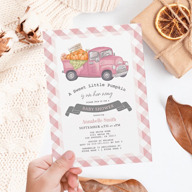 Pink Pumpkin Truck Gingham Girl Babydusche Einladung (Von Creator hochgeladen)