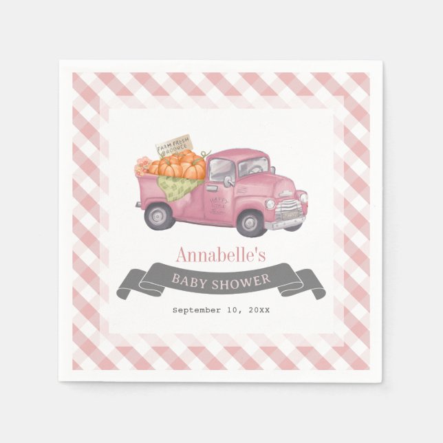 Pink Pumpkin Truck Gingham Girl Babydusche Serviette (Vorderseite)