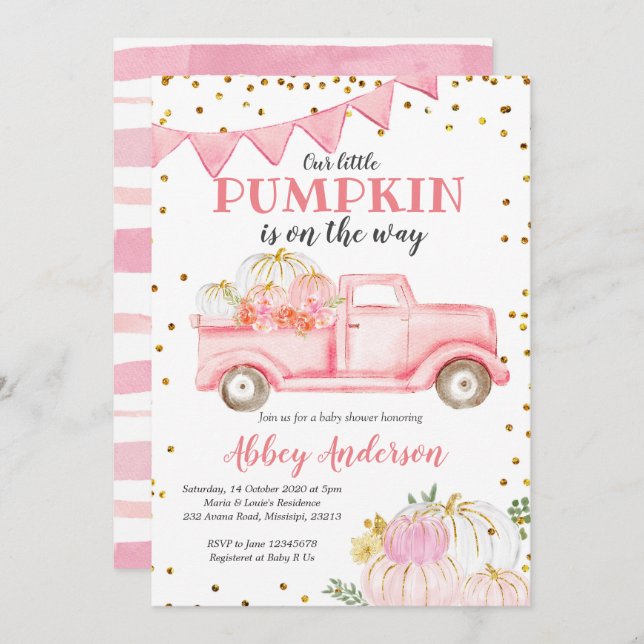 Pink Pumpkin Truck Girl Babydusche Einladung (Vorne/Hinten)