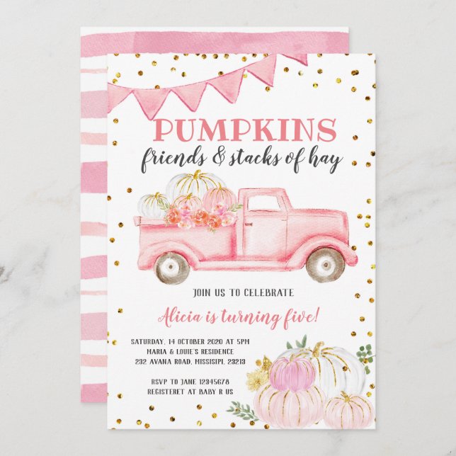 Pink Pumpkin Truck Girl Birthday Einladung (Vorne/Hinten)