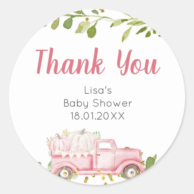Pink Pumpkin Truck Kinderdusche Danke Sticker (Vorderseite)