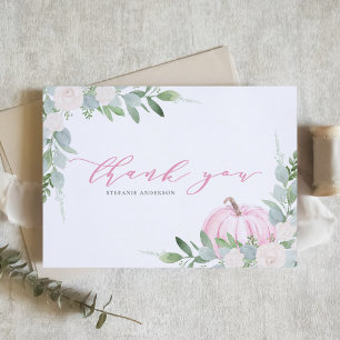 Pink Pumpkin und Greenery Herbst Babydusche Dankeskarte