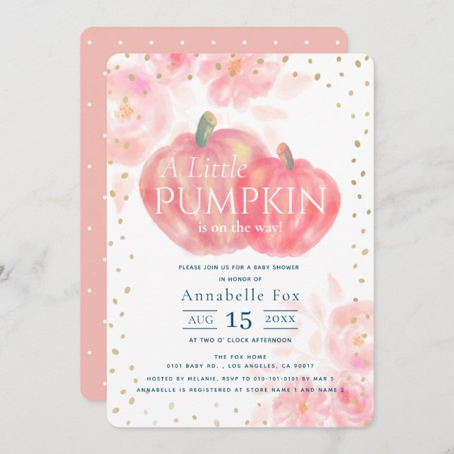 Pink Pumpkin Watercolor Fall Girl Babydusche Einladung (Vorne/Hinten)