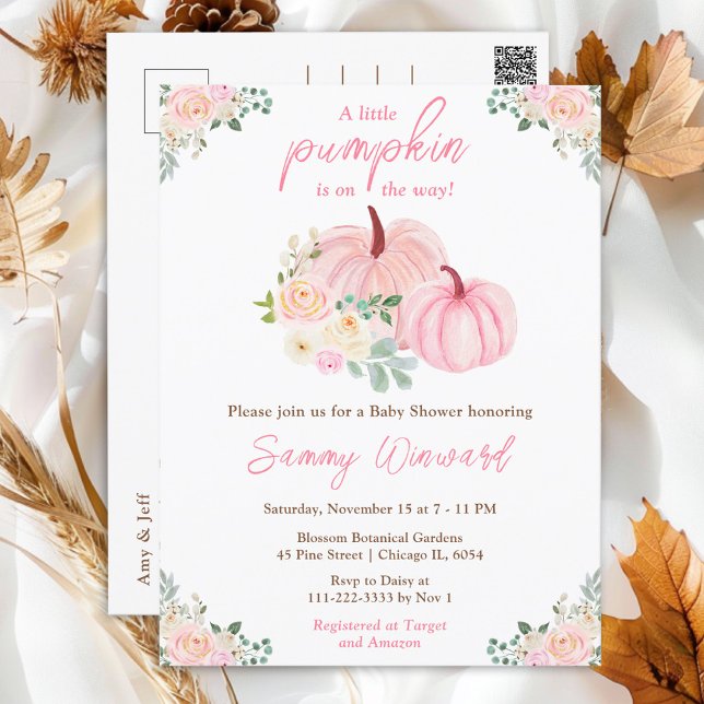 Pink Pumpkins Floral Baby Dusche Postkarte (Von Creator hochgeladen)